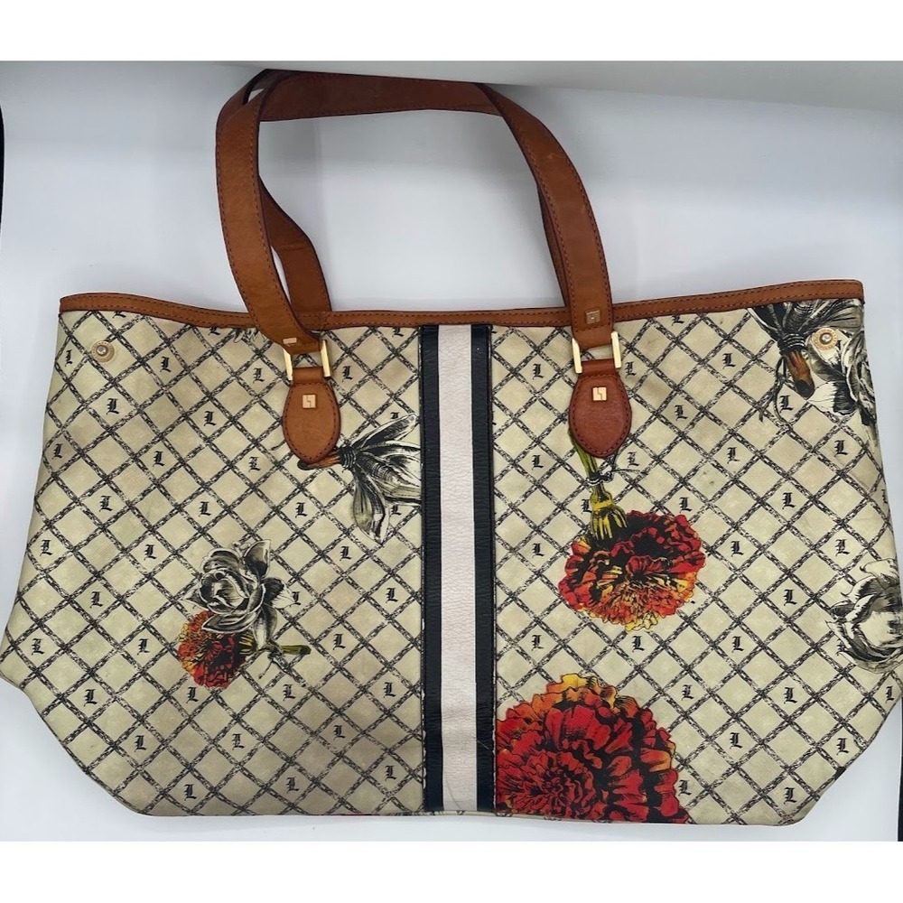 L.A.M.B. Gwen Stefani Calligraphy Roses Large Tote Bag Floral Monogram Y2K - Picture 6 of 15